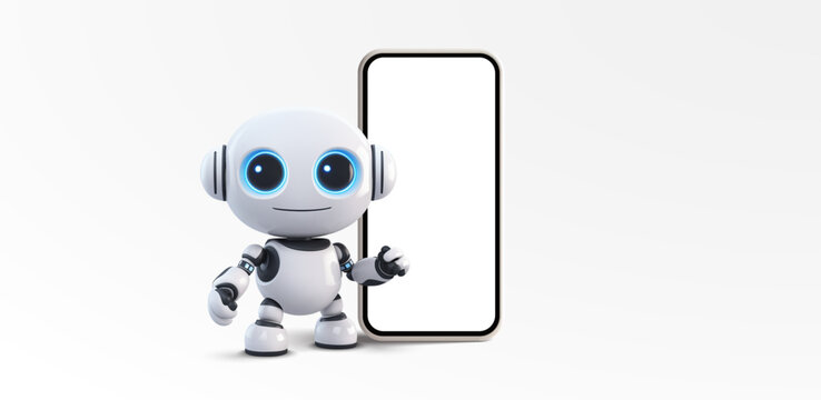 Charming White Robot with Glowing Blue Eyes Presenting a Modern Smartphone on White Background