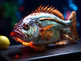 Fototapeta premium fish in a restraunt behind neon light , fish in a plate , grilled fish with lemon