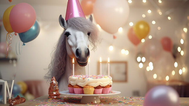 a horse with a mane in a festive hat blows out candles on a cupcake with cream with a cake on a background of bokeh balls
