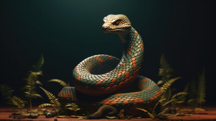 the snake is twisted into a spiral, the python in the grass among the jungle is illuminated by light
