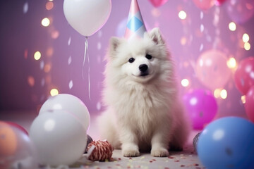 Fototapeta na wymiar white dog in a festive cap with balloons on a pink background