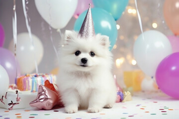 Fototapeta na wymiar white puppy in a festive cap with balloons celebrates his birthday