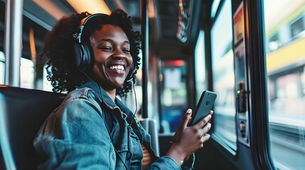 Happy young African American woman passenger listening music via smart mobile phone in a train, Smile female wearing wireless headphones while moving in the tram - obrazy, fototapety, plakaty