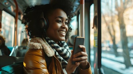 Happy young African American woman passenger listening music via smart mobile phone in a train, Smile female wearing wireless headphones while moving in the tram - obrazy, fototapety, plakaty