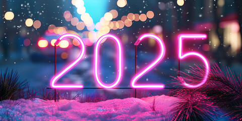 2025, Pink Neon LIght, Bokeh, Lights, Pink, Blue, Night Celebration Banner, Isolated Background, Generative Ai