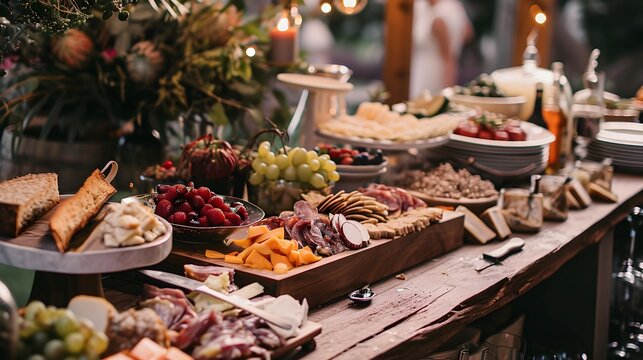 grazing tables. Different food aranged on a table. Wedding festive food.