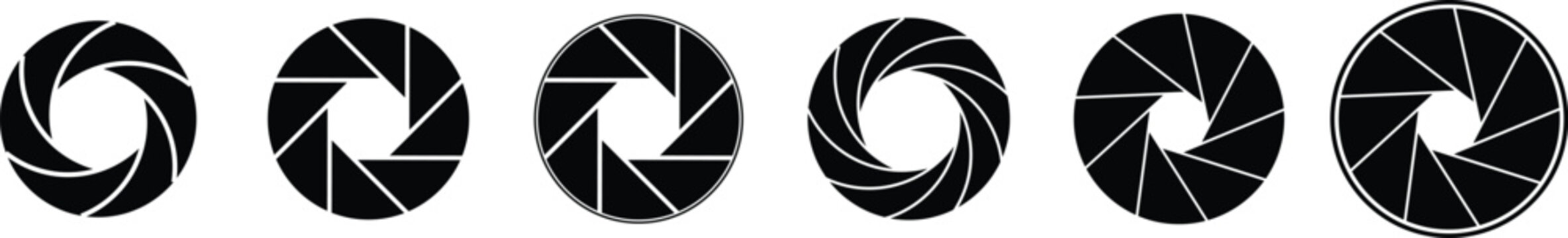 Camera shutter icons set. Camera lens diaphragm. Photo camera icon. Camera photography icons. Lens aperture, photo shutter, photo lens, shutter lens. Vector illustration