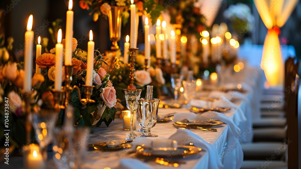 Wall mural festive table setting candles for wedding party and dinner. setting table row chair flower reception