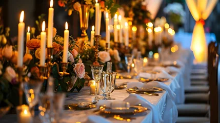 Foto op Plexiglas Festive table setting candles for wedding party and dinner. setting table row chair flower reception party © PSCL RDL