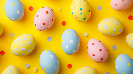 Fototapeta na wymiar Top view pattern of perfect Easter eggs with whimsical ornaments on a bright background