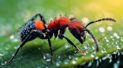 Red Velvet Ant in the morning dew on a green background.