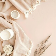 Empty mockup, wedding theme, flat lay background, with blanket on the side background, top view