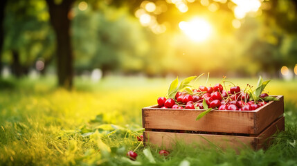 Collecting cherries in the garden. The boxes are freshly picked red cherries. Industrial cherry orchard. Close up view of green grass and full boxes