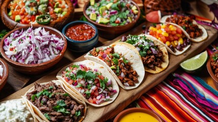 Fototapeta premium Colorful Mexican Food Spread with Tacos and Salsa