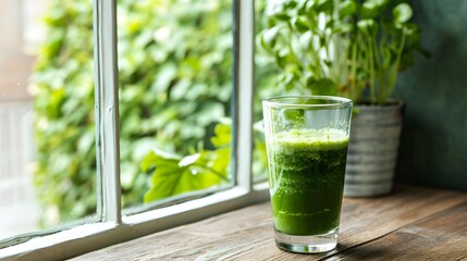 Diet and detox green smoothie in glass for morning breakfast or snack on wooden table against greenery kitchen window. - obrazy, fototapety, plakaty