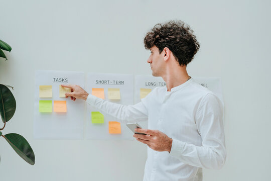 Businessman holding smart phone and sticking notes on wall in office