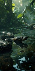 Fototapeta premium Anaconda in Rain Forest Waters, Jungle Predator and Exotic Wildlife