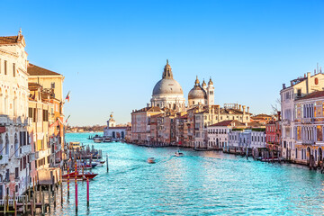 Beautiful view of Grand Canal and Basilica Santa Maria della Salute in Venice, Italy. - obrazy, fototapety, plakaty