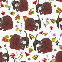 Animal love, Hugging dog and cat with leaves and flowers on white background. Raster pattern. Love seamless pattern