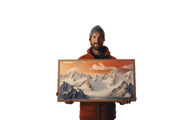 Detailed View of Handsome Male Holding a Painting of Meadow Isolated on Transparent Background PNG.