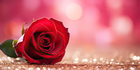 Close up of a rose  the table, blurred background, Woman's Day banner, Valentine's background, copy space 