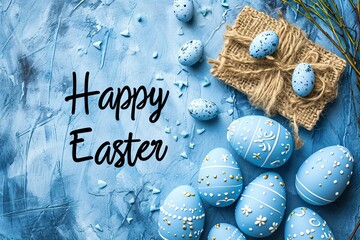blue happy easter concept flat lay with blue colored easter eggs and text "Happy Easter"