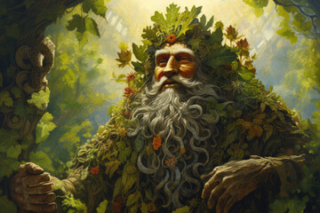 
Artistic portrayal of Jarilo, the Slavic god of vegetation and fertility, reviving the earth with vibrant plant life under the spring sun - obrazy, fototapety, plakaty