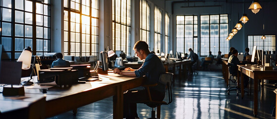 Diligent coder, programmer, office worker employee in a huge office workplace, room with large windows. Working alone in late afternoon others are already left work. - obrazy, fototapety, plakaty
