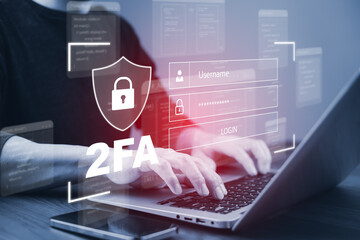 Cyber security and 2FA Security password login online concept  Hands typing and entering username and password of social media, log in with smartphone to an online bank account, data protection hacker - obrazy, fototapety, plakaty
