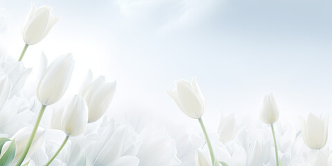 Woman's day banner, copy space, white tulips on a white background 