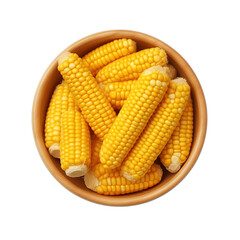 Bowl with fresh corn cobs on white background