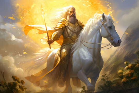 Depiction of Hors, the Slavic god of sun and healing, emitting a radiant, healing light over a serene landscape