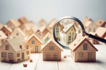 Toy houses and magnifying glass. Renting and purchasing real estate. AI generative.
