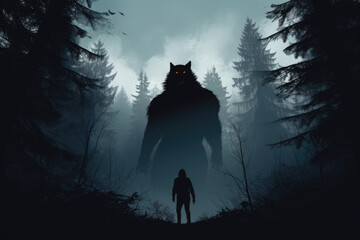 A lone werewolf silhouette against the backdrop of a haunted forest, with eerie fog - obrazy, fototapety, plakaty