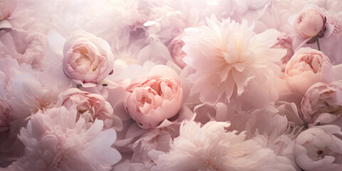 Woman's day banner, copy space, pink peonies, misty and soft peonies  - obrazy, fototapety, plakaty
