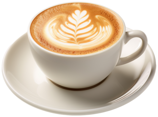 Hot coffee cup latte with Tulip shaped latte art milk foam on white saucer illustration PNG element cut out transparent isolated on white background ,PNG file ,artwork graphic design.