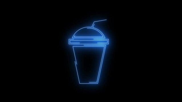 Video footage of glowing Milkshake cup icon. Looped Neon Lines abstract on black background. Futuristic laser background. Seamless loop. 4k video