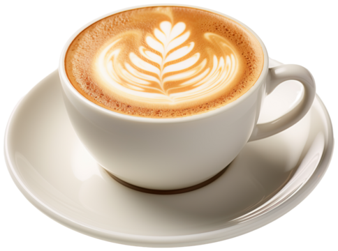 Hot coffee cup latte with Tulip shaped latte art milk foam on white saucer illustration PNG element cut out transparent isolated on white background ,PNG file ,artwork graphic design. - Powered by Adobe
