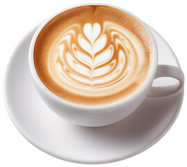 Hot coffee cup latte with Rosetta shaped latte art milk foam on white saucer illustration PNG element cut out transparent isolated on white background ,PNG file ,artwork graphic design.