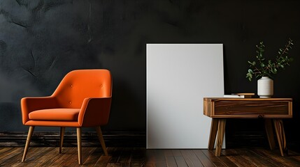 an orange chair and wooden table next to a blank canvas