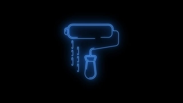 Video footage of glowing Paint Roller icon. Looped Neon Lines abstract on black background. Futuristic laser background. Seamless loop. 4k video