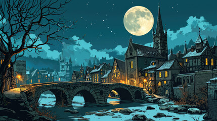 Medieval Town Splendor: Vector Drawing with Stone Bridges