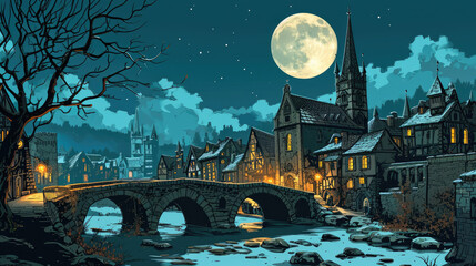 Obraz premium Medieval Town Splendor: Vector Drawing with Stone Bridges