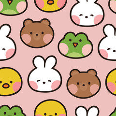 Cute animals pattern, hand drawn forest background with star, frog, bear, chick and rabbit vector illustration