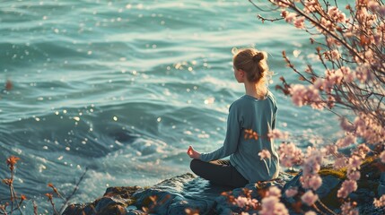 a woman who is meditating on a sea in spring - obrazy, fototapety, plakaty