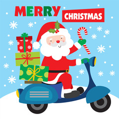 Cute Santa Claus ride motorcycle with Christmas Presents