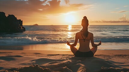 A woman meditating and expressing gratitude on a beach at sunrise