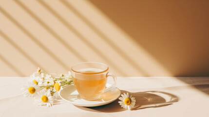 Obraz premium Chamomille tea with medical daisy flowers, transparent cup on table in morning light