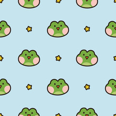 Cute animals pattern, hand drawn forest background with star, frog, bear, chick and rabbit vector illustration - 704878069