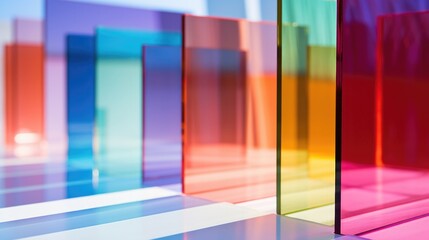 Low-e glass with energy efficient property. Colored laminated material samples standing